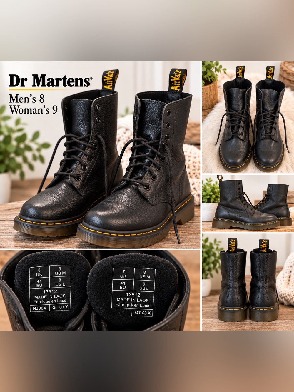 Dr. Martens Black Leather Lace Up Combat Boots Men’s 8 Women’s 9 13512
